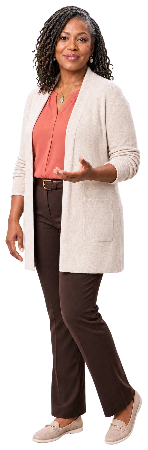 An organization program leader standing with calm confidence and an open gesture