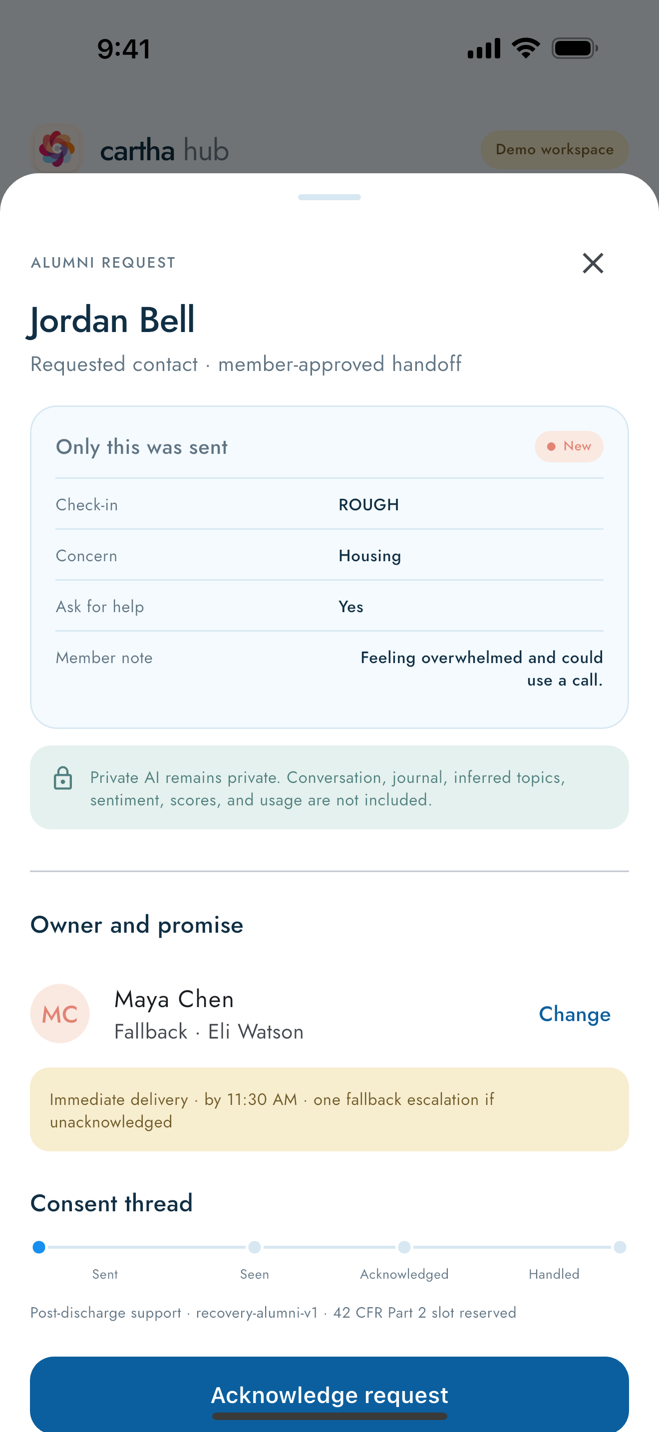 Cartha Hub exact payload and privacy boundary
