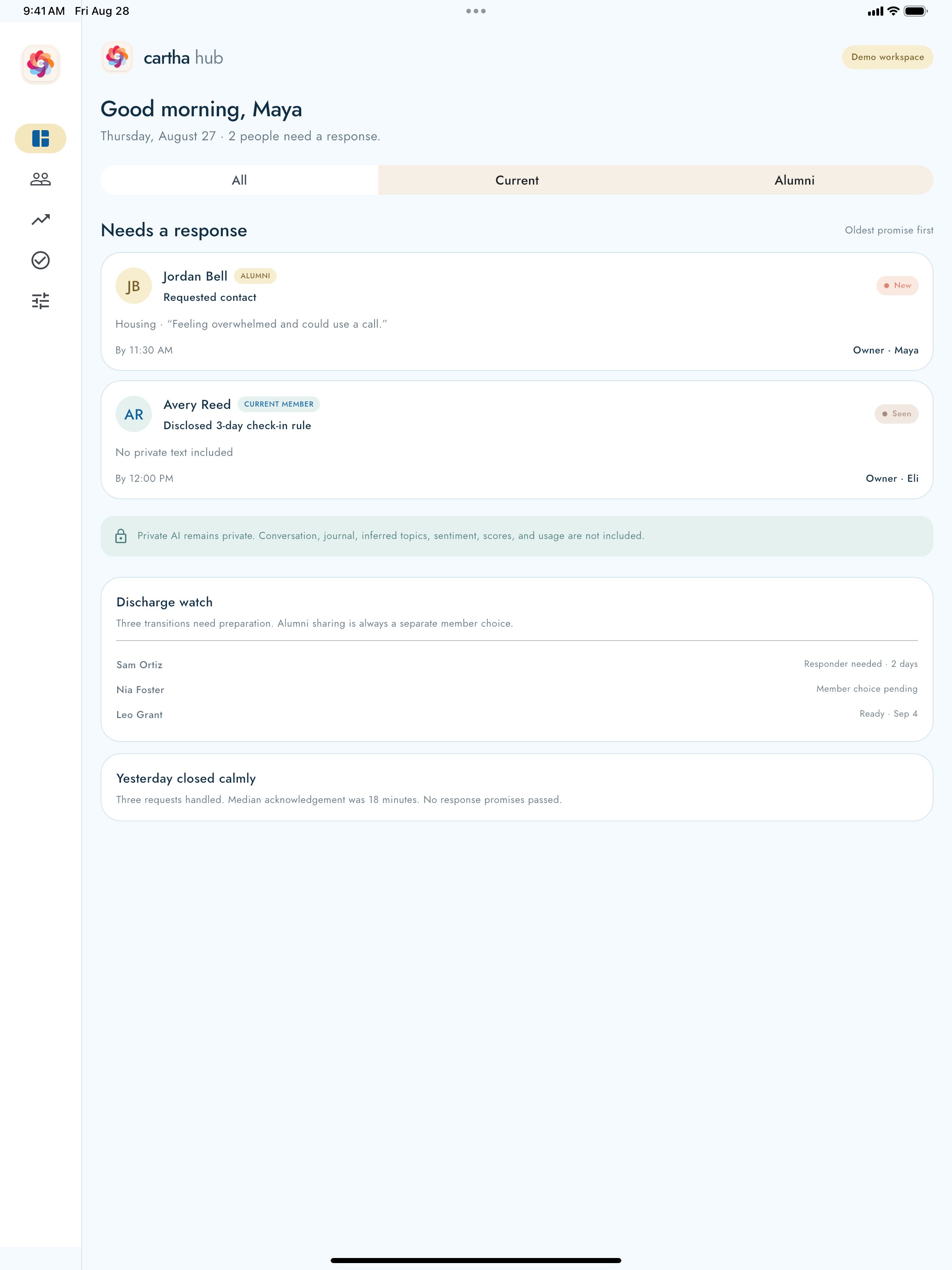 Cartha Hub response desk showing fictional member-approved requests